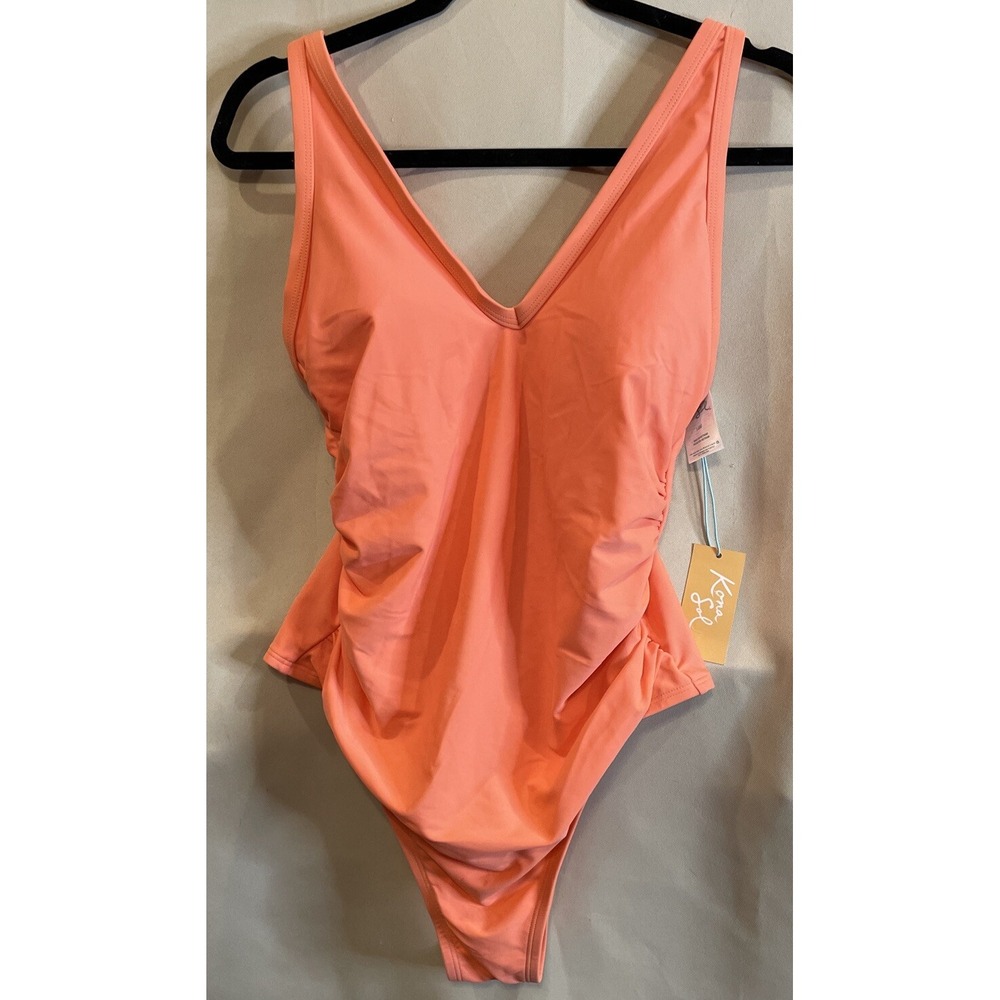 Kona Sol Womens 14W One Piece Swimsuit Coral Ruched V Neck Tummy Control NEW
